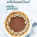 Macadamia Nut Chocolate Pie with Coconut Crust image with text for Pinterest