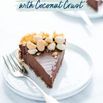 Macadamia Nut Chocolate Pie with Coconut Crust image with text for Pinterest