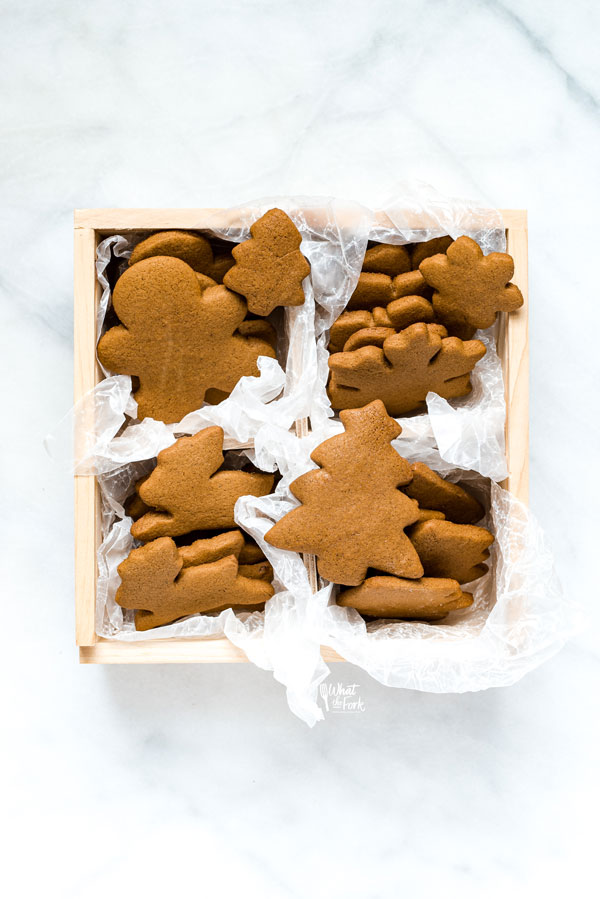 Gluten Free Gingerbread Cookies in a square wood cookie box