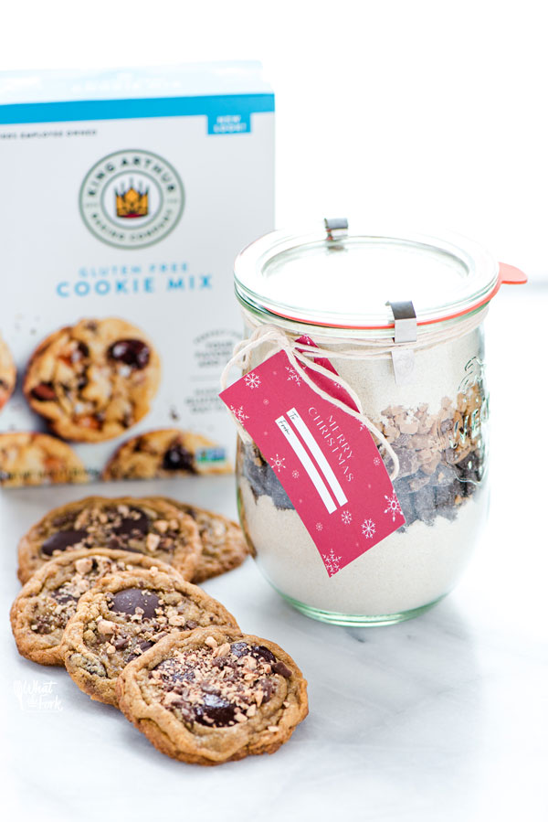 gluten free Christmas cookie jar with baked gluten free chocolate toffee cookies and a box of King Arthur gluten free cookie mix