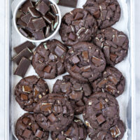 overhead shot of a quarter sheet pan full of Gluten Free Andes Mint Chocolate Chip Cookies