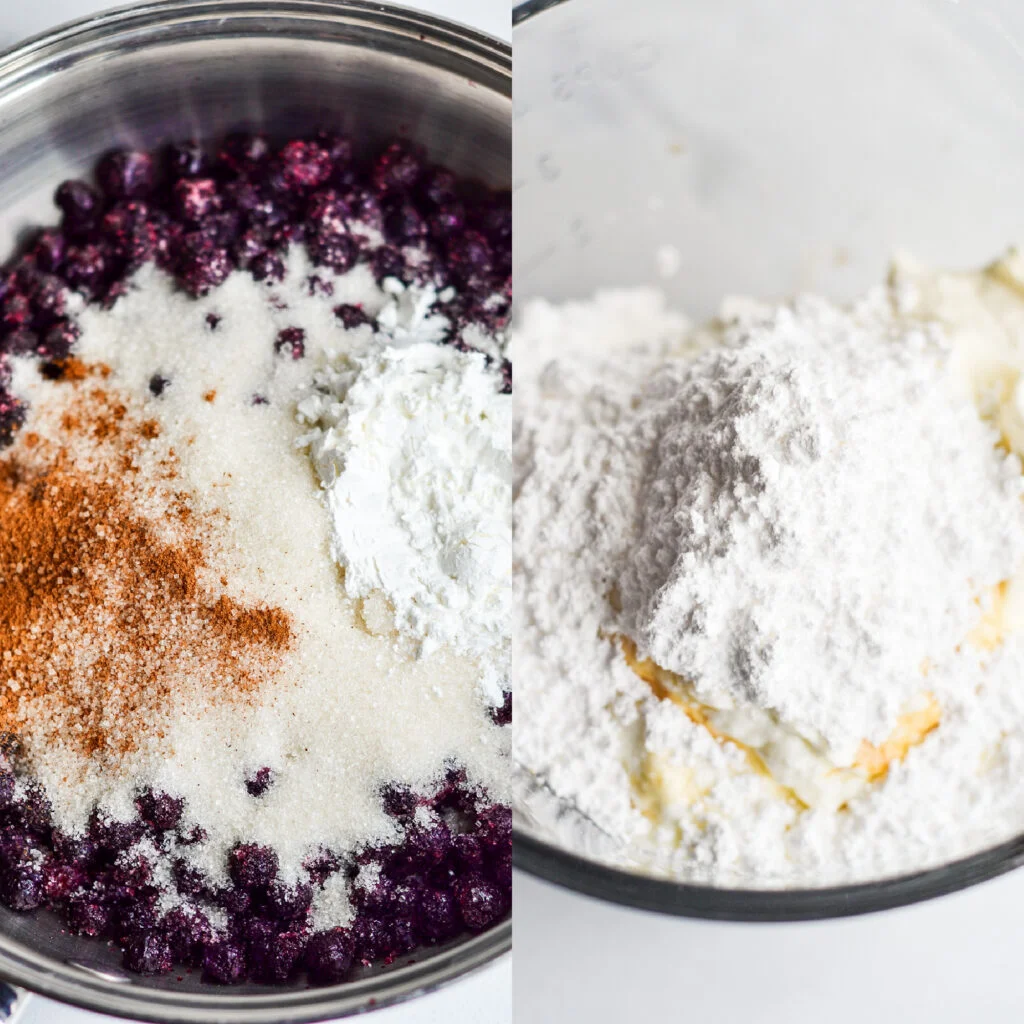 collage image of ingredients in bowls to make blueberry cheesecake dip