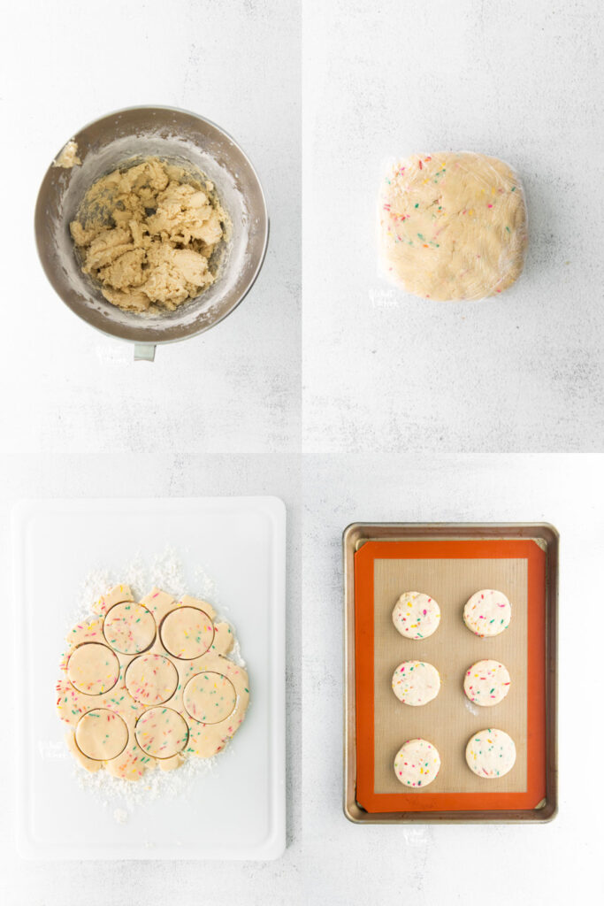 collage image of process shots to show how to make gluten free shortbread cookies with sprinkles