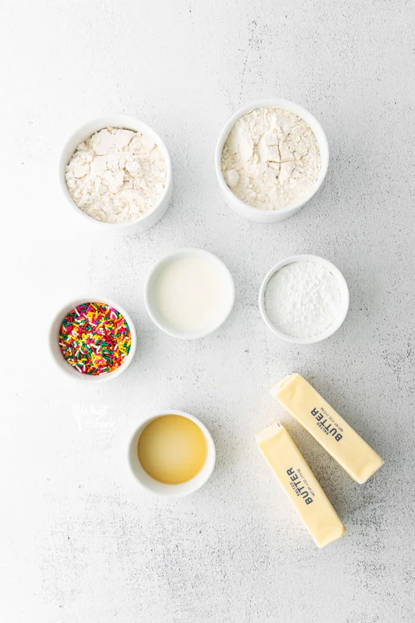 overhead shot of ingredients to make gluten free shortbread cookie with sprinkles