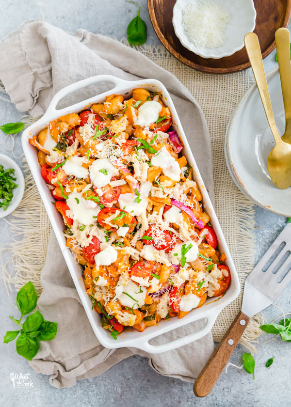 overhead shot of gluten free caprese pasta bake recipe with white beans