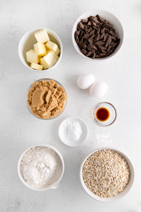 ingredients in individual bowls to make Gluten Free Oatmeal Chocolate Chip Bars