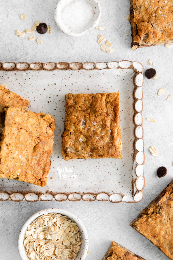 overhead shot of Gluten Free Oatmeal Chocolate Chip Bars on a small rectangular wood tray