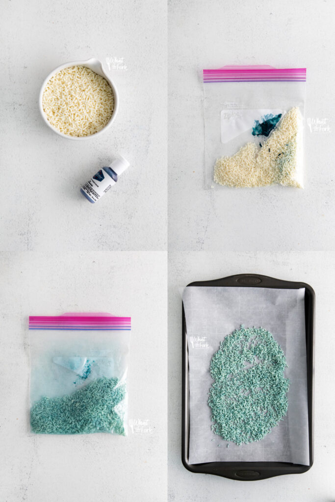 collage image of 4 pictures showing the progression of how to dye sprinkles any color