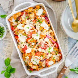 overhead shot of gluten free caprese pasta bake recipe with white beans