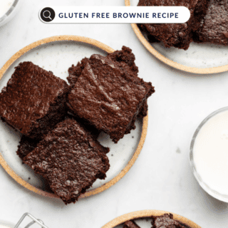 overhead shot of 3 small plates with gluten free brownies on them with a text search bar that says Gluten Free Brownie Recipe