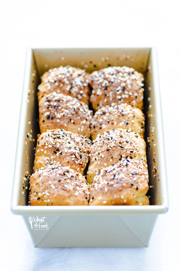 Gluten Free Rolls Recipe with Everything Bagel Seasoning baked in a gold 8x4 inch loaf pan