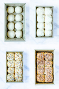 Gluten Free Rolls Recipe with Everything Bagel Seasoning collage images to show the stages of the rolls rising in the bread pan to being fully baked