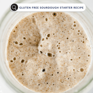 overhead shot of an active sourdough starter in a glass jar with a search bar and text that says Gluten Free Sourdough Starter Recipe
