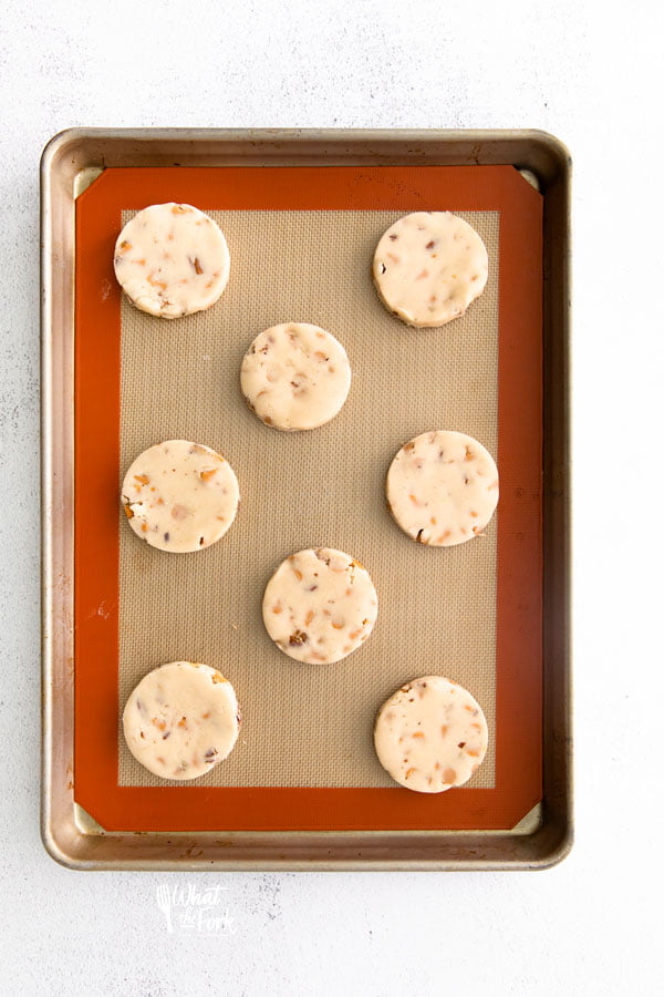 Gluten Free Butterscotch Shortbread Cookies on a Silpat lined baking sheet ready to be baked