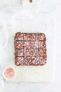 overhead shot of peppermint fudge sliced and in a square