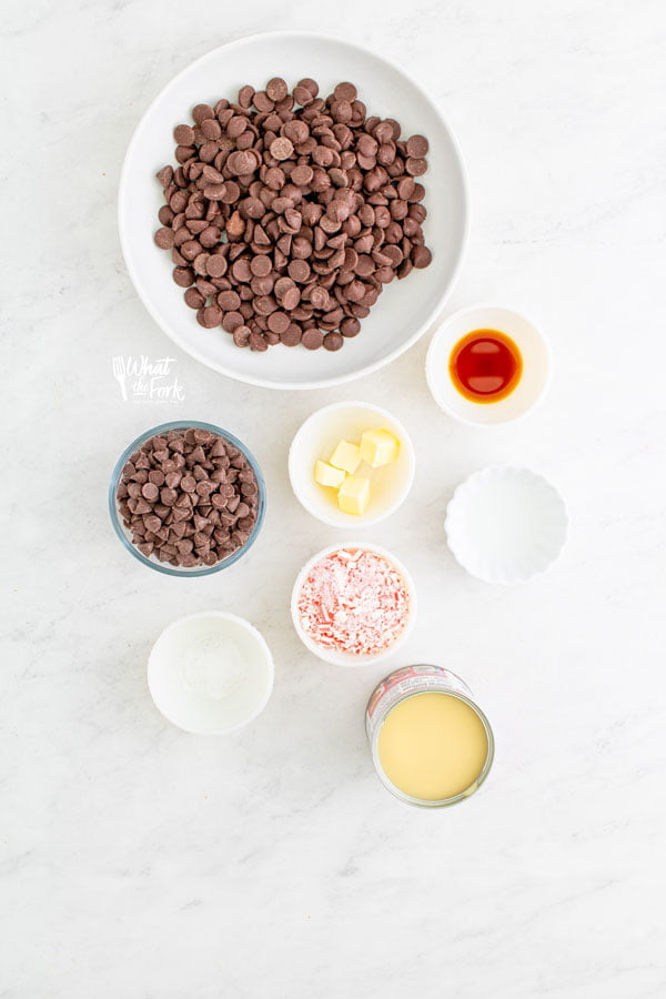 overhead shot of ingredients in individual bowls to make an easy peppermint fudge recipe