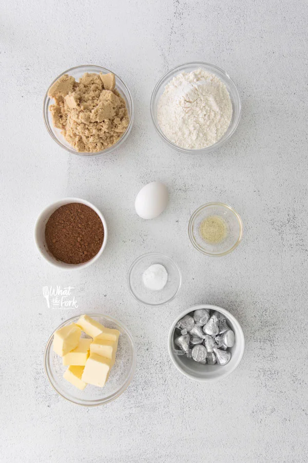 overhead shot of ingredients to make Gluten Free Hershey Kiss Cookies