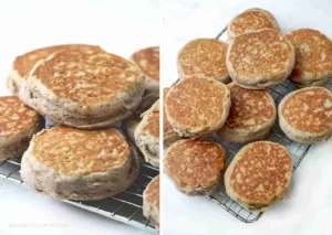 2 side by side images of gluten free sourdough english muffins piled on a wire rack
