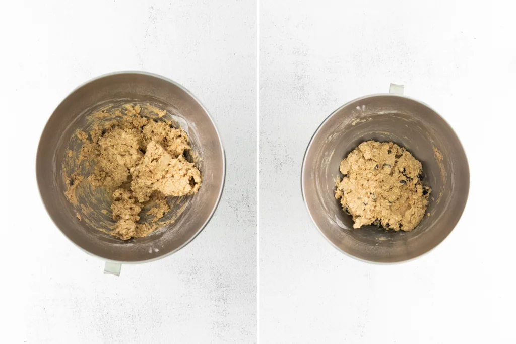 overhead shot of 2 images showing the process of mixing the cookie dough for gluten free oatmeal raisin cookies