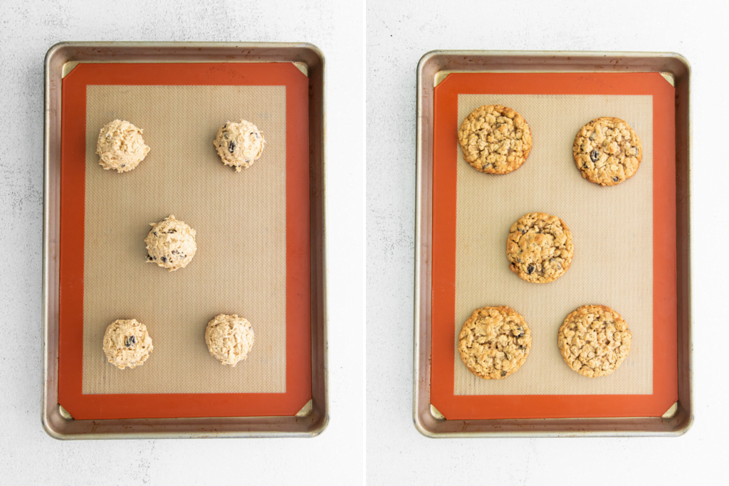 collage image of side by side images showing gluten free oatmeal raisin cookie dough on a silpat lined baking sheet before and after baking
