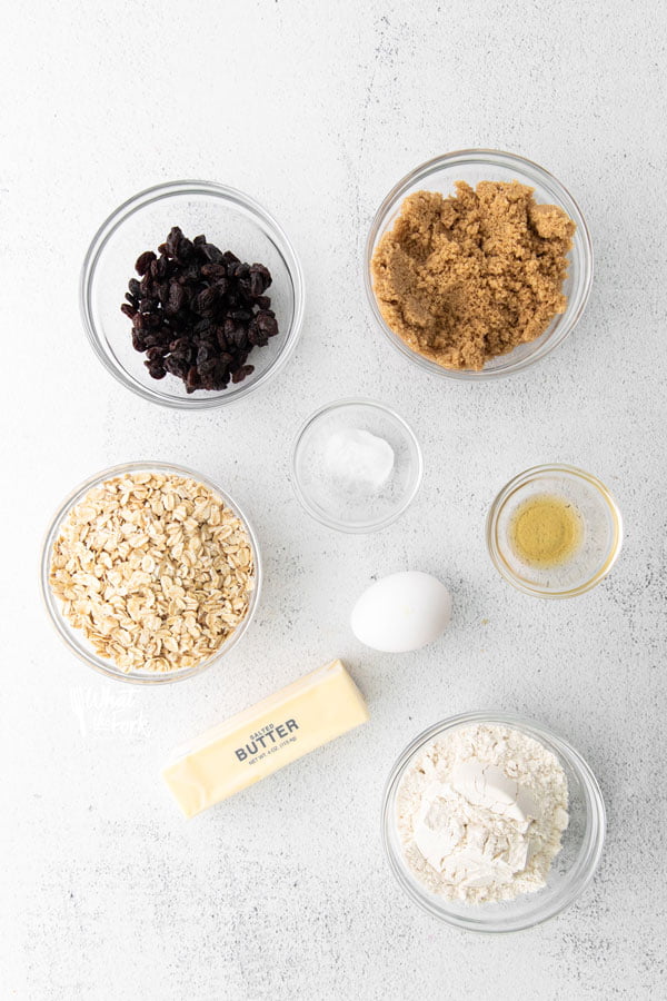 overhead shot of ingredients to make gluten free oatmeal raisin cookies