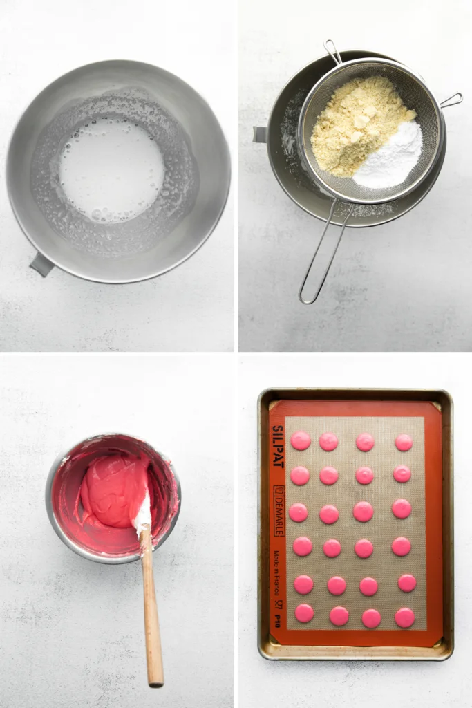 collage image of 4 process shots showing different stages to make a Strawberry Lemon Macarons recipe