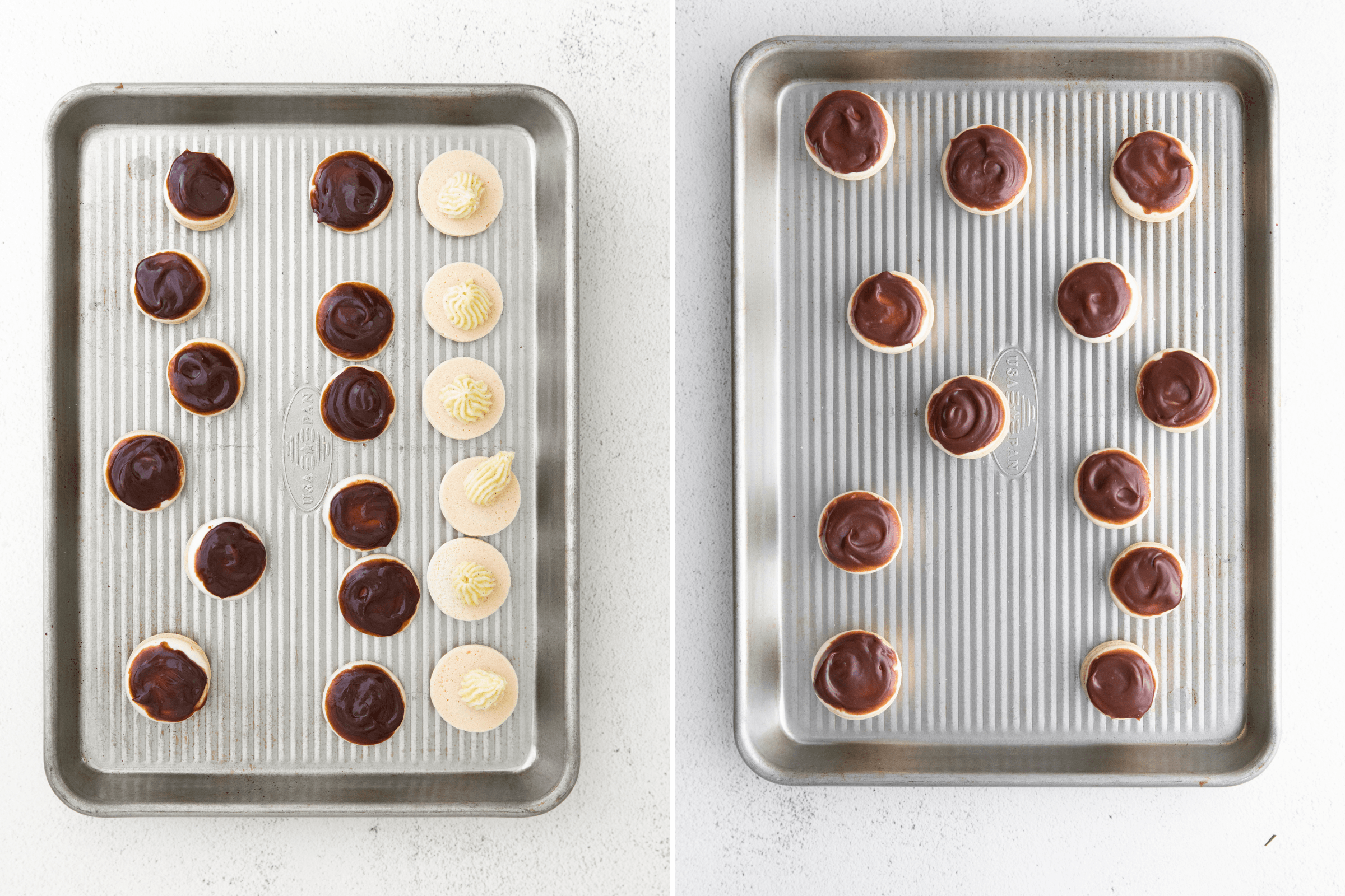 side by side images of showing Boston Cream Pie Macarons being assembled