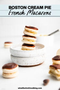 Boston Cream Pie Macarons image with text for Pinterest