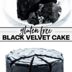collage image of gluten free black velvet cake with text for Pinterest