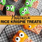Monster Halloween Rice Krispie Treats collage image with text for Pinterest