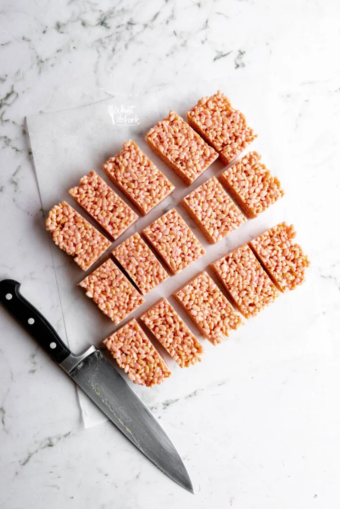 rice krispies treats cut into 15 rectangles to make Monster Halloween Rice Krispie Treats