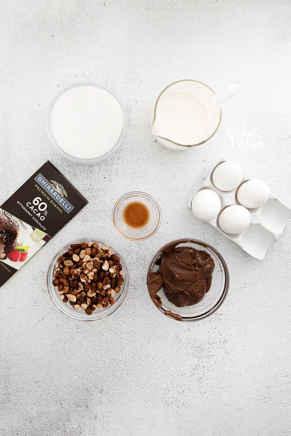 overhead shot of ingredients in individual bowls to make Nutella Pavlovas