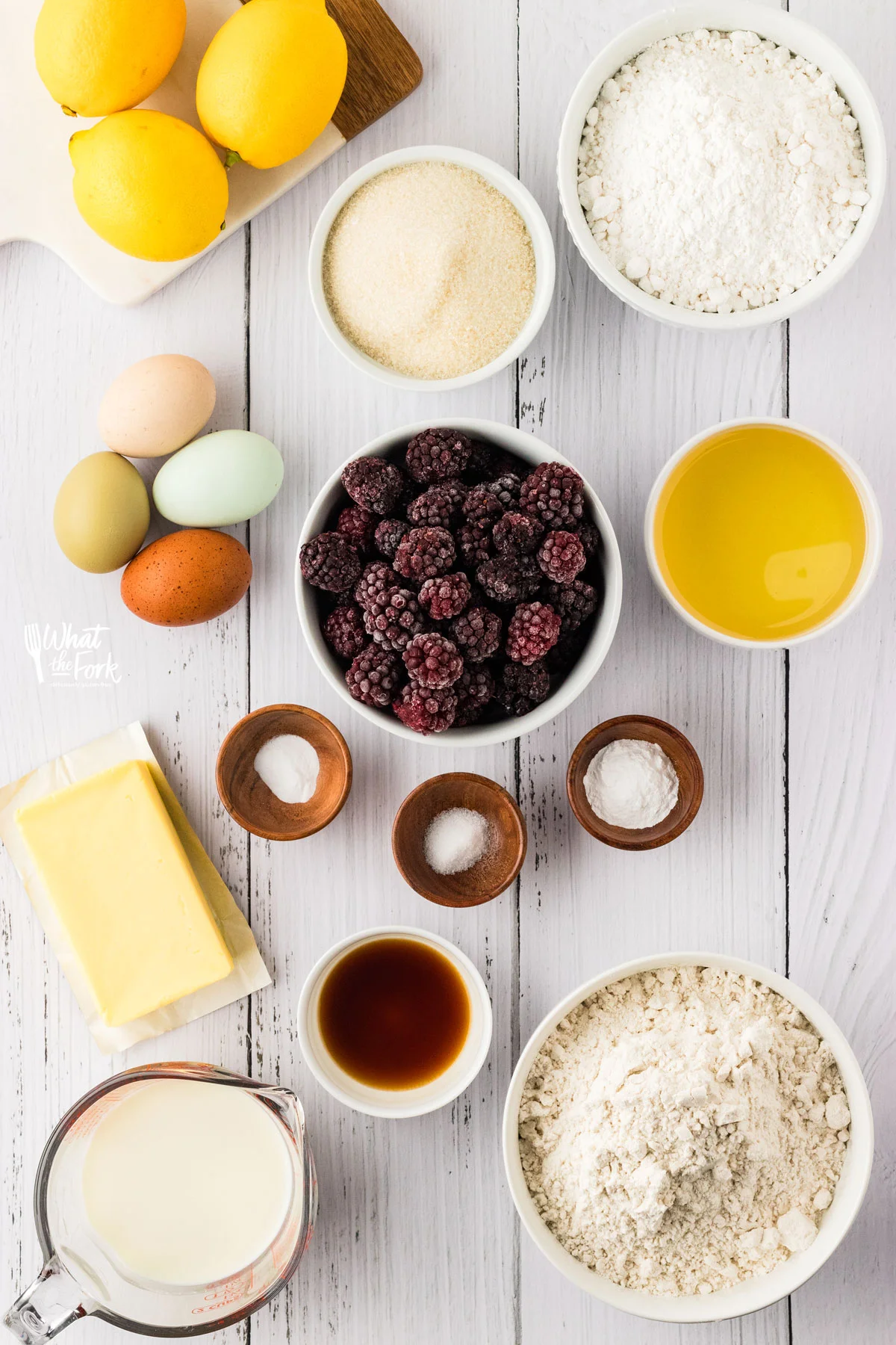 overhead shot of ingredients to make a Gluten Free Lemon Blackberry Cake recipe