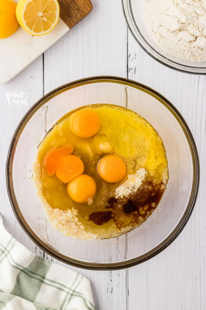 eggs, oil, vanilla, and melted butter in a large clear glass bowl