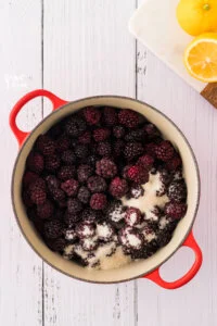 overhead shot of ingredients in a red Le Creuset dutch oven to make Blackberry Cake Filling