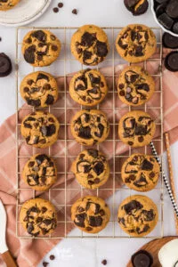 overhead shot of Loaded Gluten Free Peanut Butter Chocolate Chip Cookies cooling on a cooling rack