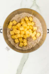 cubed butter added to the dry ingredients to make a gluten free crisp topping