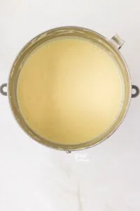 plain cheesecake batter in a silver stand mixer bowl