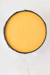 pumpkin cheesecake layer over a plain layer in a black springform pan