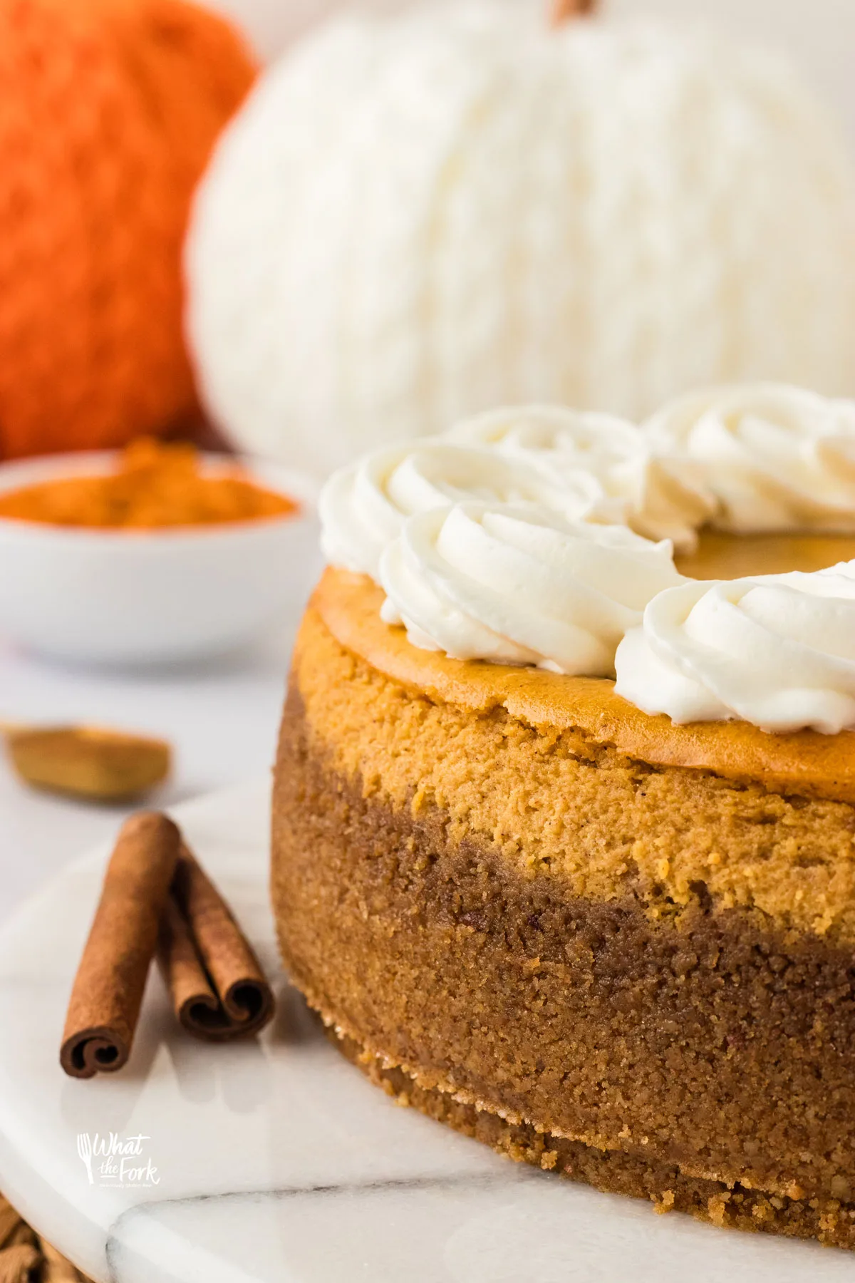close up shot of the side of a Layered Pumpkin Cheesecake to showcase the Gluten Free Crust made with toasted pecans, gluten free graham crackers, and spices