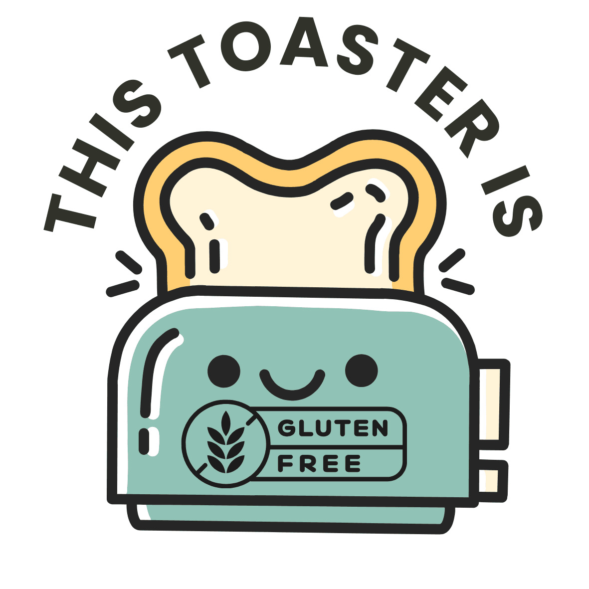 sticker that says this toaster is gluten free with a teal toaster and slice of bread