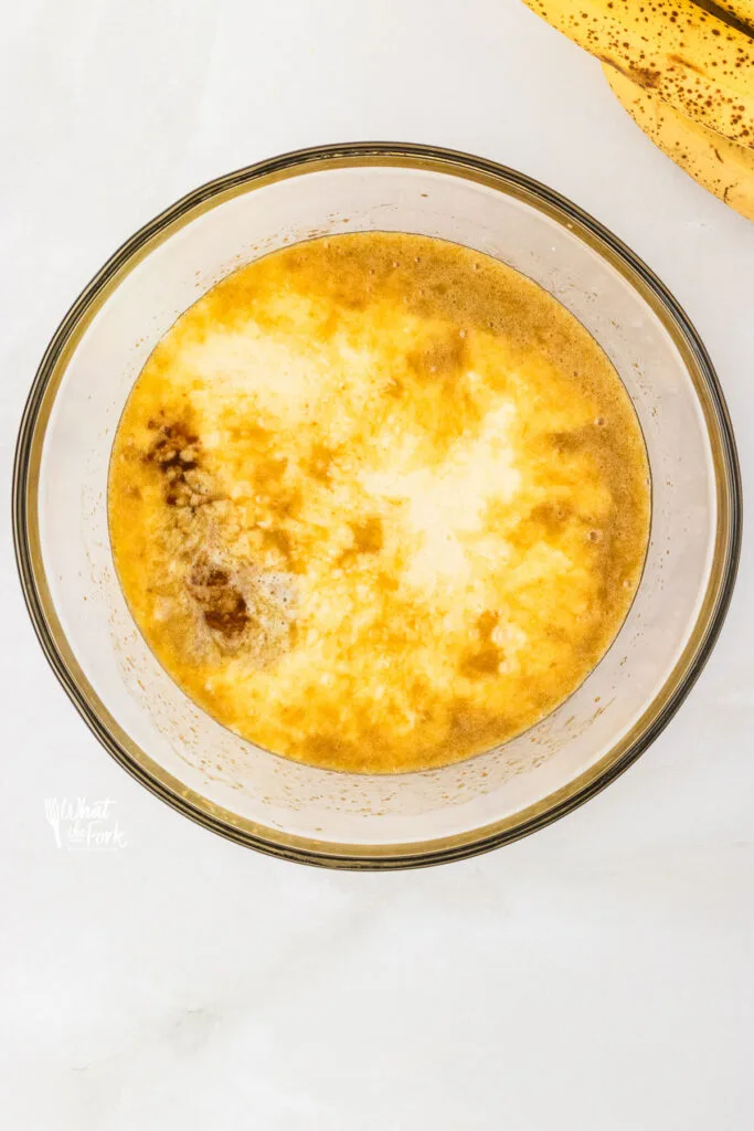 wet ingredients in a clear glass bowl