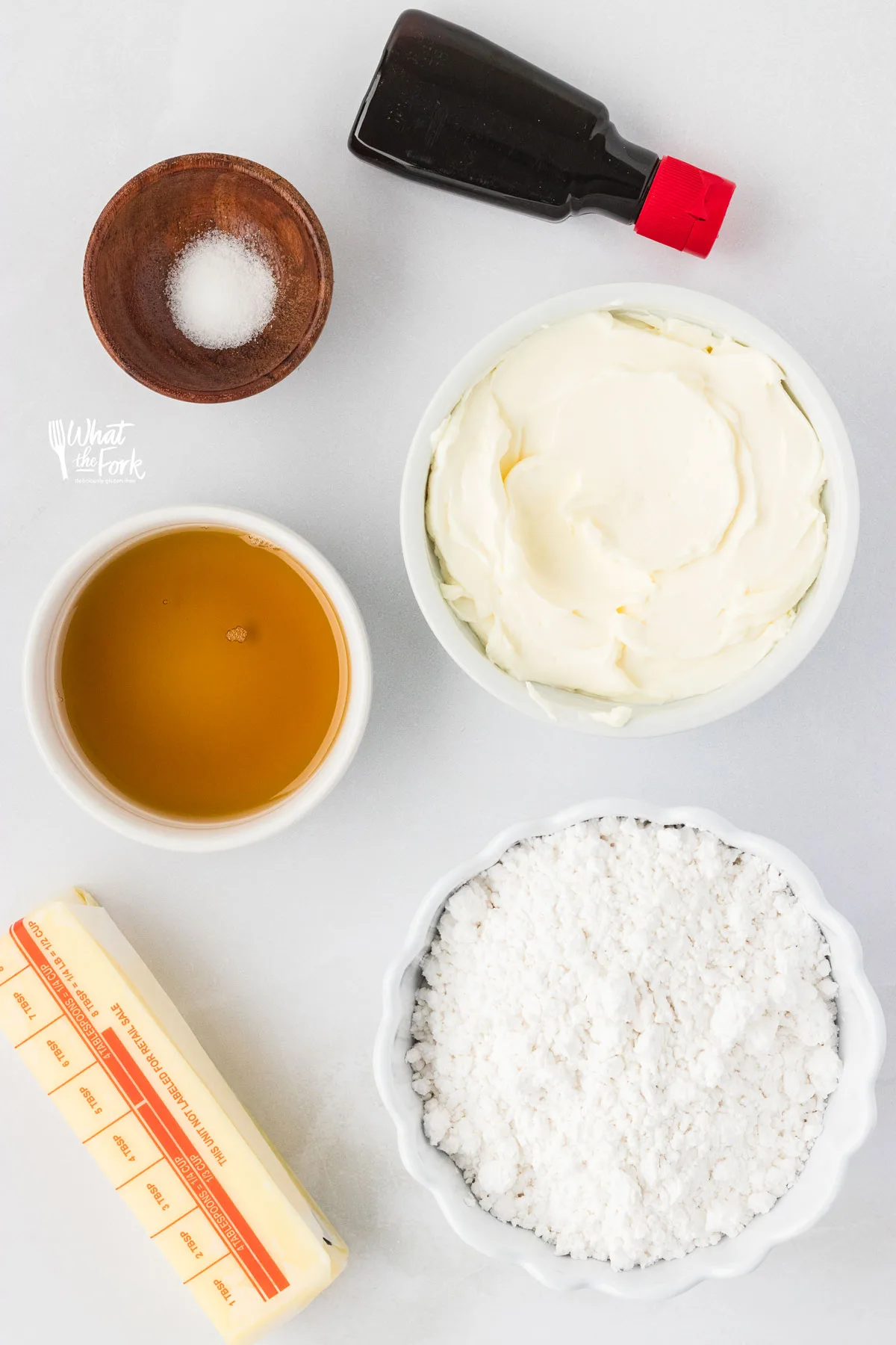 overhead shot of the ingredients to make maple cream cheese frosting
