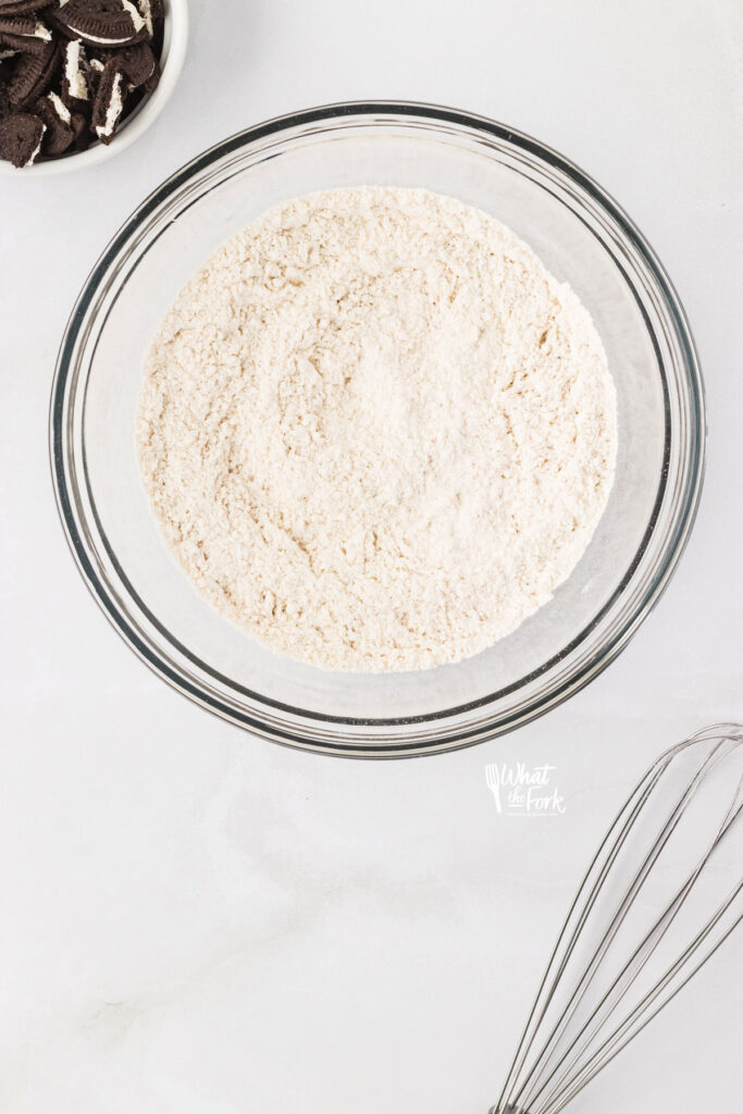 dry ingredients in a clear glass bowl to make Gluten Free Oreo Chocolate Chip Cookies