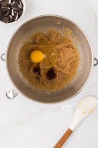 creamed butter and sugar in a large silver mixing bowl with eggs and vanilla extract to make Gluten Free Oreo Chocolate Chip Cookies