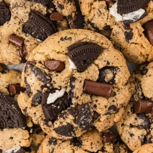 overhead shot of a pile of Gluten Free Oreo Chocolate Chip Cookies